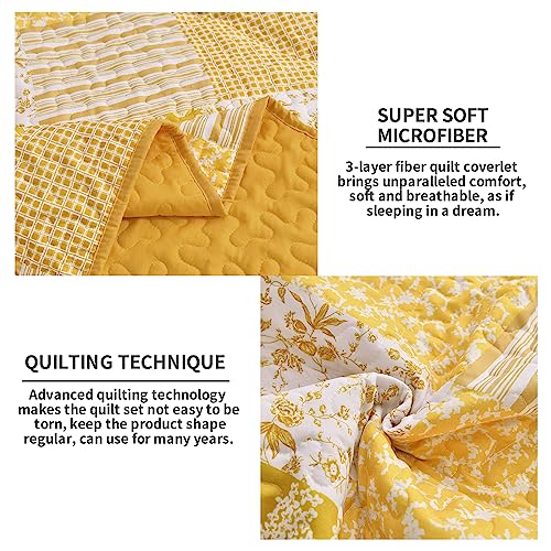 Yellow Boho Quilt Set Yellow Floral Quilt Set - Yellow Square Quilt Set with 2 Pillowcases