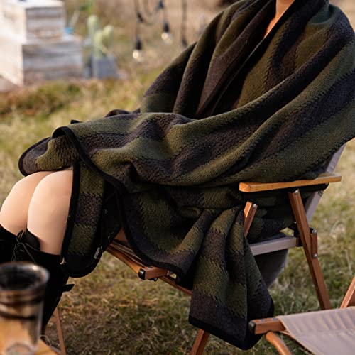 PuTian Merino Wool Blanket - 87" x 63" Thick Warm Soft Large Bed Throw - Great for Camping, Outdoors, Travel, Car, Couch, All Weather Green Stripe