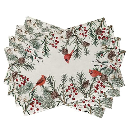 Seliem Winter Cardinal Birds Placemats Set of 4, Red Berries Branch Pine Cone Cotton Vintage Dining Table Place Mats, Seasonal Christmas Holiday Kitchen Decor Home Decoration 12 x 18 Inch