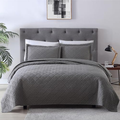 EXQ Home Quilt Set Full Queen Size Grey 3 Piece,Lightweight Soft Coverlet Squares Pattern Bedspread Set for All Season(1 Quilt,2 Pillow Shams)