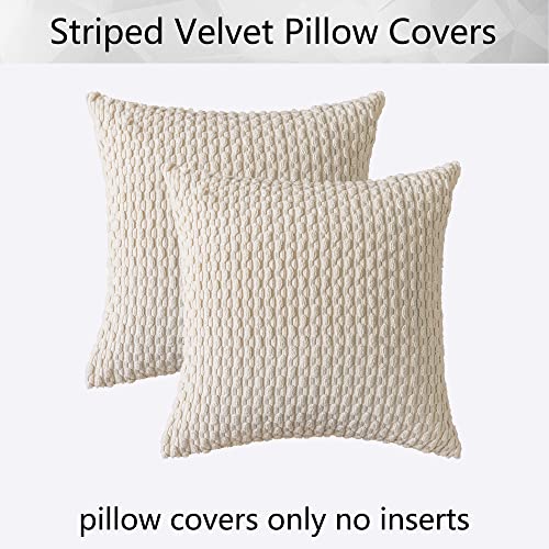 Kevin Textile Pillow Covers Decorative Set of 2 Striped Corduroy Plush Velvet Pillowcases Cushion Cover for Couch, 18x18 inch, Cream