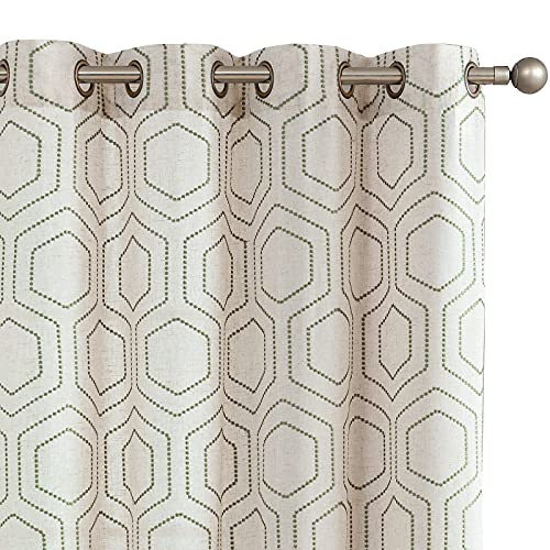 jinchan Green Window Curtains Linen Textured Curtains 84 Inch Long Honeycomb Embroidered Design Living Room Curtain Drapes Bedroom Bronze Grommet Window Treatment Set 2 Panels