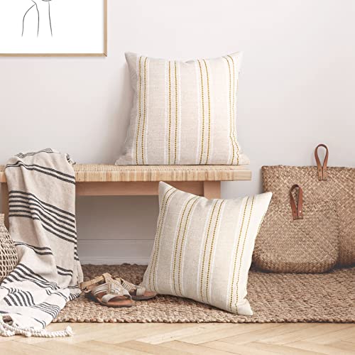 AELS 18x18 Decorative Farmhouse Linen Throw Pillow Covers, Boho Textured Pillow Case, Set of 2, Beige with White & Brown Stitch Yarn Dyed Stripe Cushion Cover for Sofa Couch Living Room (Cover ONLY)