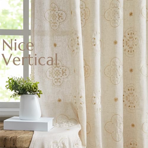 jinchan Linen Curtains 84 Inch Long Embroidery Floral Country Farmhouse Curtains for Living Room Rustic Rod Pocket Back Tab Light Filtering Window Curtains Drapes for Bedroom Natural, 2 Panels 55" W