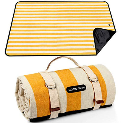 Yellow Stripe Picnic Blankets Waterproof Large, Sandproof Backing Portable Blanket