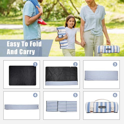 Cerulean Blue XL Waterproof Portable Picnic Blanket, Beach Mat with Carry Strap