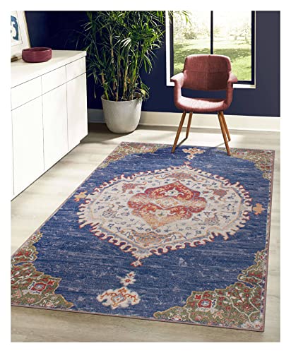 GLN Rugs Machine Washable Area Rug, Rugs for Living Room, Rugs for Bedroom, Bathroom Rug, Kitchen Rug, Printed Vintage Rug, Home Decor Traditional Carpet (RED/Navy, 3' x 5'2")