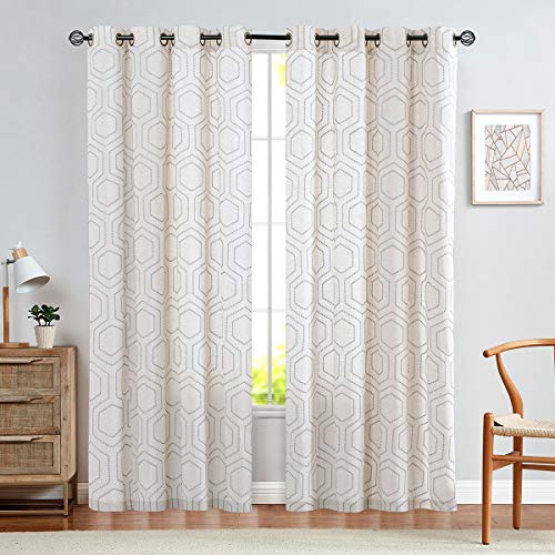 jinchan Grey Window Curtains Linen Textured Curtains 84 Inch Long Honeycomb Embroidered Design Living Room Curtain Drapes Bedroom Bronze Grommet Window Treatment Set 2 Panels