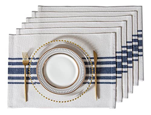 Placemats Set of 6 for Dining Table, Woven Cloth Place Mats for Kitchen Tabletop Décor, Handcrafted Machine Washable Cotton Table mats 13 x 19 Inch, Navy Blue and Beige