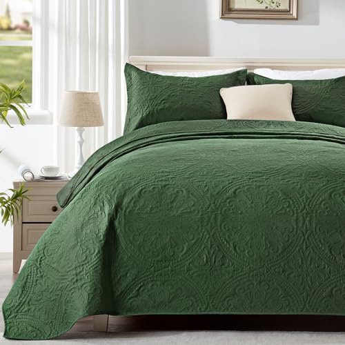 EXQ Home Quilt Set Full Queen Size Olive Green 3 Piece,Lightweight Soft Coverlet Flower Pattern Bedspread Set for All Season(1 Quilt,2 Pillow Shams)