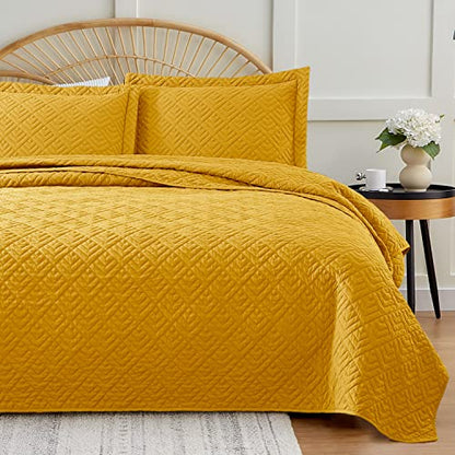 EXQ Home Quilt Set Full/Queen Size Yellow 3 Piece,Lightweight Soft Coverlet Modern Style Squares Pattern Bedspread Set for All Season(1 Quilt,2 Pillow Shams)