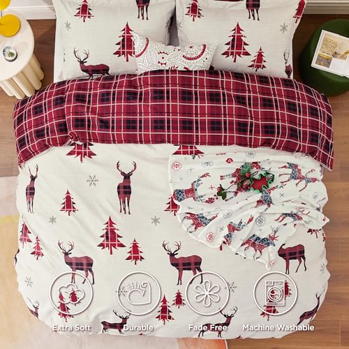 Bedsure Christmas Duvet Cover Queen - Christmas Bedding Queen Size, Reversible Buffalo Check Printed Christmas Plaid Duvet Cover, Includes 1 Duvet Cover and 2 Pillow Shams (Queen, Reindeer)