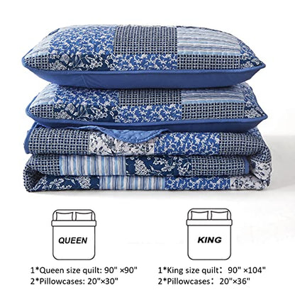 Blue Patchwork Boho Quilt Set - Plaid Floral Bedspread Coverlet Set