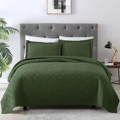 EXQ Home Quilt Set Full Queen Size Olive Green 3 Piece,Lightweight Soft Coverlet Modern Style Squares Pattern Bedspread Set(1 Quilt,2 Pillow Shams)