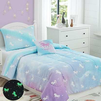 Kaleido Space KALEIDOSPACE Kids Twin Comforter Sets for Girls, Glow in The Dark Unicorn Bedding Sets -3 Pieces Lightweight Bed in A Bag