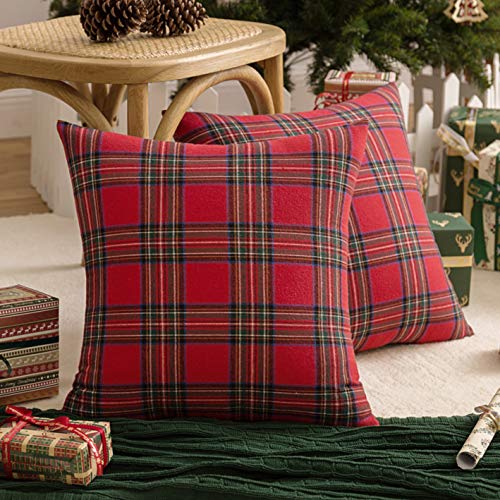 AQOTHES Pack of 2 Christmas Plaid Decorative Throw Pillow Covers Scottish Tartan Cushion Case for Farmhouse Home Holiday Decor Red and Green, 18 x 18 Inches