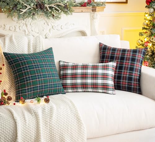 AQOTHES Pack of 2 Christmas Plaid Decorative Throw Pillow Covers Scottish Tartan Cushion Case for Farmhouse Home Holiday Decor Green and Blue, 18 x 18 Inches