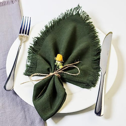 Dololoo Handmade Cloth Napkins with Fringe,18 x 18 Inches Cotton Linen Napkins Set of 4 Versatile Handmade Square Rustic Fringe Napkins for Dinner, Wedding and Parties, Olive Green