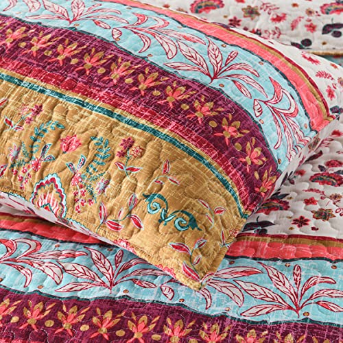 Boho Style Queen Quilt Set Reversible Bohemian Floral Strip Quilt Beddding Set, Soft and Lightweight Bedspread for All Season, Full Size Bed Coverlet with 2 Matching Pillow Shams (3 Pieces)