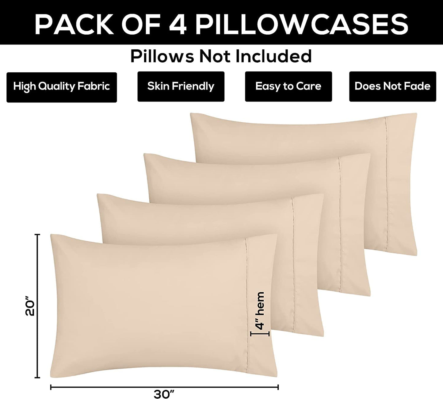 Utopia Bedding Queen Pillow Cases - 4 Pack - Envelope Closure - Soft Brushed Microfiber Fabric - Shrinkage and Fade Resistant Pillow Cases Queen Size 20 X 30 Inches (Queen, Beige)