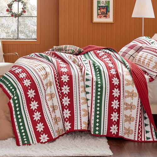 Bedsure Christmas Quilt Set Queen - Red Quilt for Queen Size Bed, Gingerbread Man Striped Printed Pattern Christmas Bedding Set - Soft Microfiber Lightweight Coverlet Bedspread (90"x96", 3 Pieces)