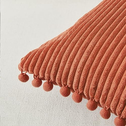 Fancy Homi Pack of 2 Burnt Orange Decorative Throw Pillow Covers 18x18 Inch with Pom-poms for Couch Bed Living Room Bedroom, Soft Corduroy Solid Square Cushion Case 45x45 cm, Boho Fall Home Decor
