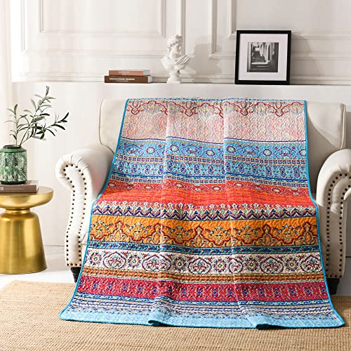 Boho Quilt Throw Blanket - Lightweight Microfiber Red, Orange and Blue Striped Floral