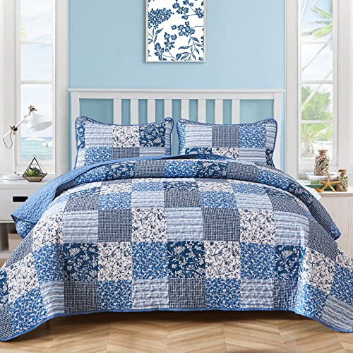 Blue Patchwork Boho Quilt Set - Plaid Floral Bedspread Coverlet Set