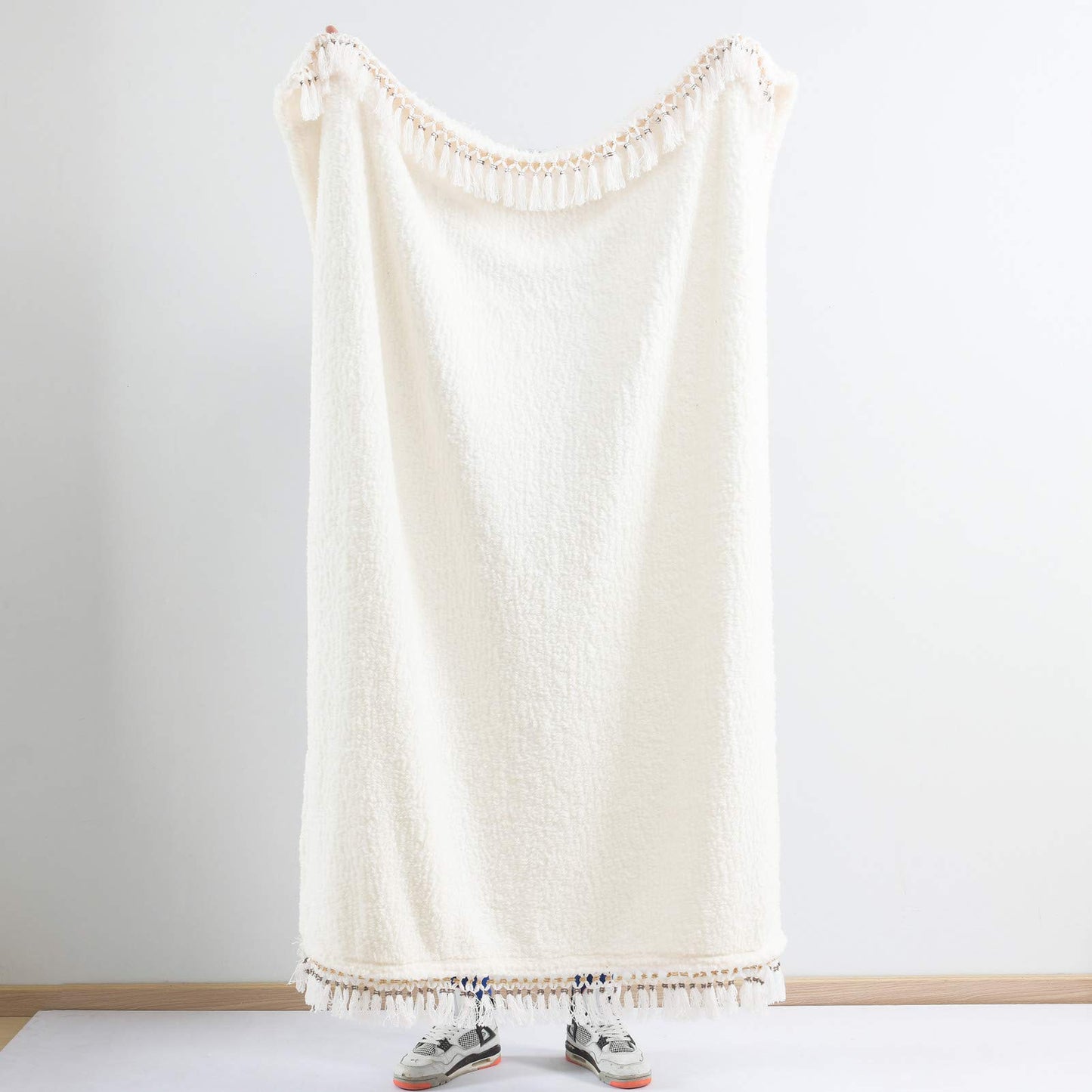 Tassled Antique White Ultra Soft Cozy Sherpa Throw Blanket