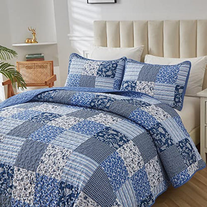 Blue Patchwork Boho Quilt Set - Plaid Floral Bedspread Coverlet Set
