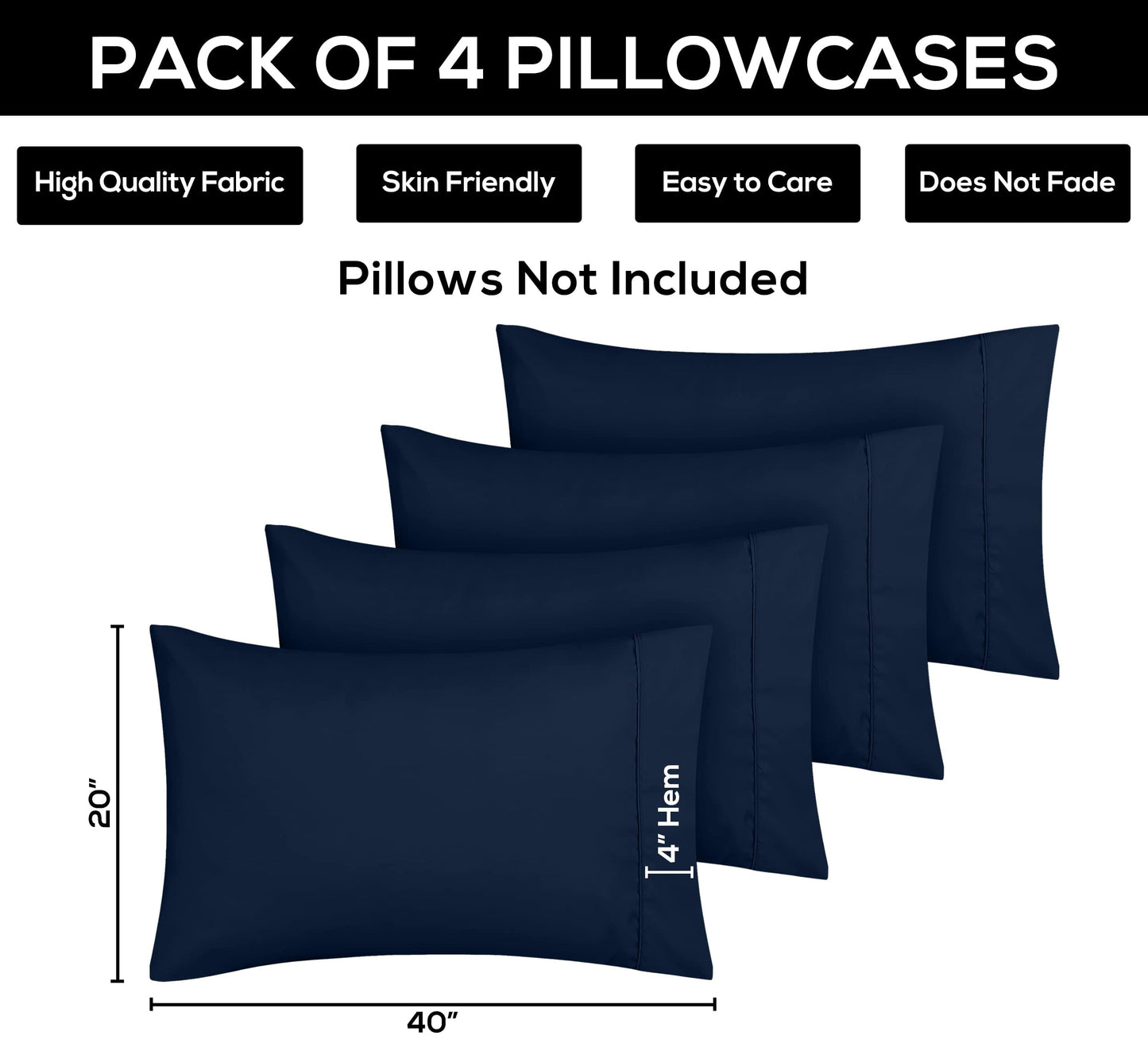 Utopia Bedding King Pillow Cases - 4 Pack - Envelope Closure - Soft Brushed Microfiber Fabric - Shrinkage and Fade Resistant Pillow Cases 20 X 40 (King, Navy)