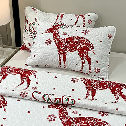 Christmas Quilt Set Queen Size White Red Xmas Tree Snowflake Reindeer Quilted Bedspread Coverlet Set 3 Piece Christmas Bedding Set Reversible Lightweight Comforter Bed Cover Blanket with 2 Pillowcases