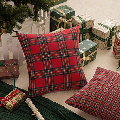 AQOTHES Pack of 2 Christmas Plaid Decorative Throw Pillow Covers Scottish Tartan Cushion Case for Farmhouse Home Holiday Decor Red and Green, 18 x 18 Inches