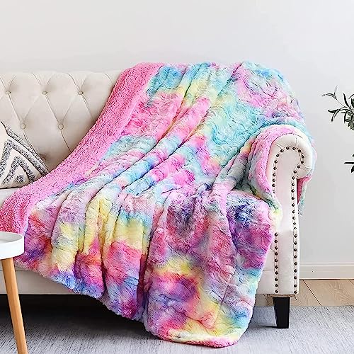 Y2K Rainbow Faux Fur Throw Blanket - Super Soft Faux Fur Throw Blanket Premium Sherpa Backing Warm and Cozy Throw Decorative for Bedroom Sofa Floor (Dark Rainbow, Throw(40"x50"))