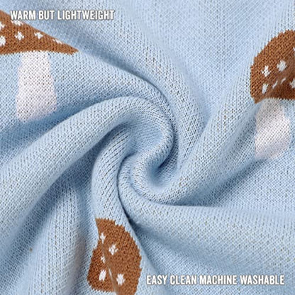 Blue Mushroom Cottagecore Knit Unisex Baby Swaddling Blanket - 100% Cotton