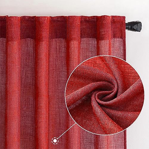 MIULEE Red Linen Curtains 84 Inch Length for Bedroom Living Room, Soft Thick Linen Textured Window Drapes Semi Sheer Light Filtering Back Tab Rod Pocket Burlap Look Christmas Decor, 2 Panels