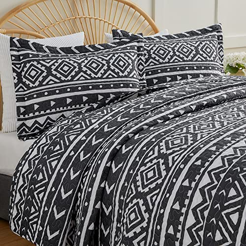 EXQ Home Quilt Set Full Queen Size Print 3 Piece,Lightweight Soft Coverlet Modern Style Black Boho Pattern Bedspread Set(1 Quilt,2 Pillow Shams)