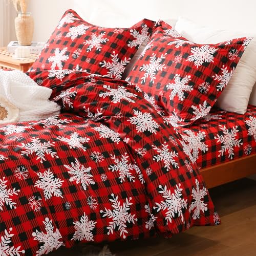 JSD Red Buffalo Plaid Snowflakes Printed Duvet Cover Set Queen Size, 3 Piece Soft Christmas Winter Microfiber Duvet Comforter Covers
