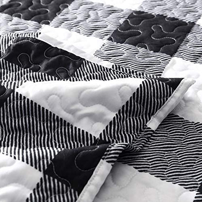 EXQ Home Quilt Set Full/Queen Size 3 Piece,Lightweight Microfiber Coverlet Modern Style Black and White Squares Pattern Bedspread Set(1 Quilt,2 Pillow Shams)