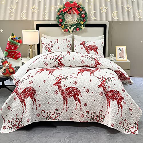 Christmas Quilt Set Queen Size White Red Xmas Tree Snowflake Reindeer Quilted Bedspread Coverlet Set 3 Piece Christmas Bedding Set Reversible Lightweight Comforter Bed Cover Blanket with 2 Pillowcases