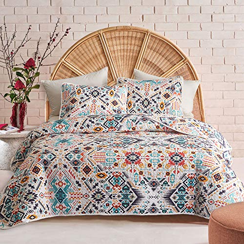 Geometric Boho Full Queen Quilt Set in Citrus and Aqua