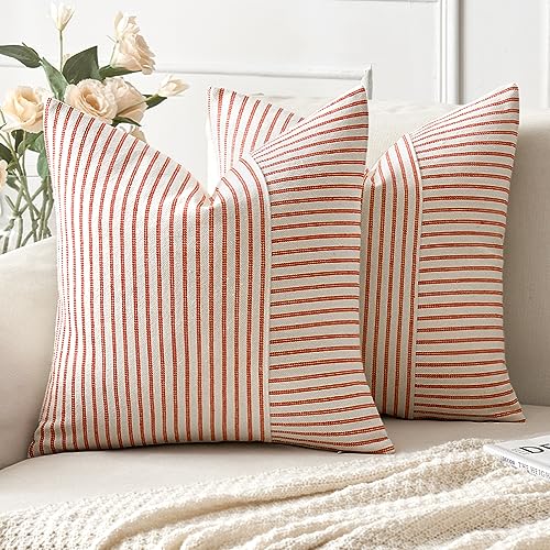 MIULEE Red and Beige Patchwork Farmhouse Pillow Covers 18x18 Inch, Pack of 2 Striped Linen Decorative Modern Accent Pillow Cases for Sofa Couch Bedroom