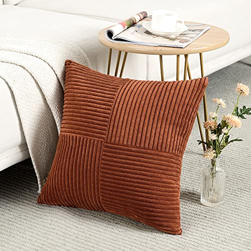 Fancy Homi 2 Packs Rust Boho Decorative Throw Pillow Covers 18x18 Inch for Couch Bed Sofa, Farmhouse Fall Home Decor, Soft Corss Corduroy Patchwork Textured Terracotta Accent Cushion Case 45x45 cm