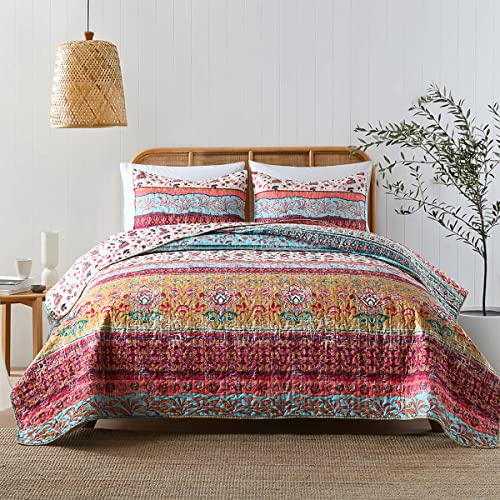 Boho Style Queen Quilt Set Reversible Bohemian Floral Strip Quilt Beddding Set, Soft and Lightweight Bedspread for All Season, Full Size Bed Coverlet with 2 Matching Pillow Shams (3 Pieces)