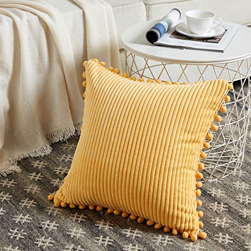 Fancy Homi Pack of 2 Yellow Accent Decorative Throw Pillow Covers with Pom-poms, Soft Corduroy Solid Square Cushion Pillow Case Set for Couch Sofa Bedroom Car Living Room (18x18 Inch/45x45 cm, Yellow)