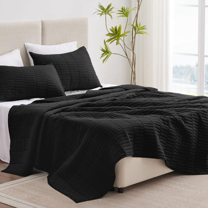 EXQ Home Quilt Set Full/Queen Size Black 3 Piece,Lightweight Microfiber Coverlet Modern Style Stitched Quilt Pattern Bedspread Set(1 Quilt,2 Pillow Shams)
