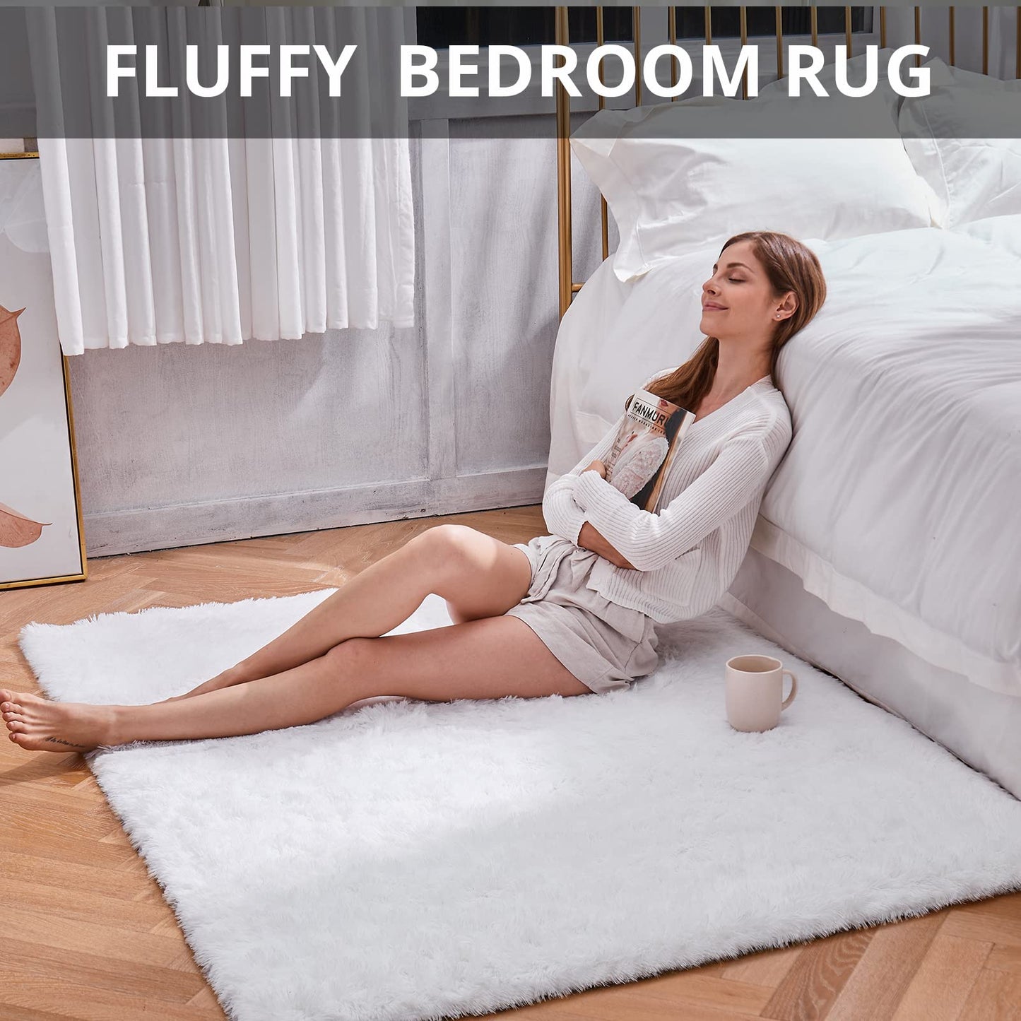 Ophanie White Area Rugs for Bedroom Fluffy, 4x6 Fuzzy Shag Plush Soft Shaggy Bedside Cream Rug, Ivory Living Room Carpet for Girls Kids Baby Teen Dorm Home Decor Aesthetic, Nursery