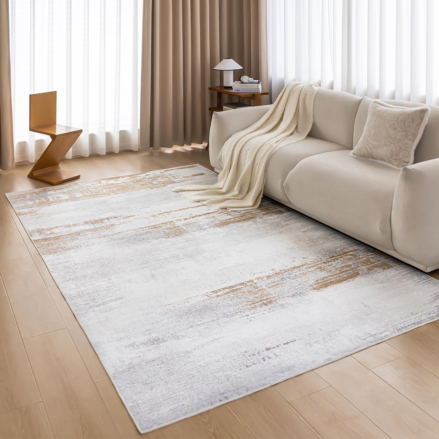 OMERAI Machine Washable Rug 5x7 Modern Abstract Area Rugs with Low-Pile Non-Shedding Foldable Area Rugs for Living Room, Stain Resistant Area Rugs for Bedroom Dining Room Rug Washable Beige Gray