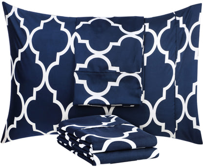 Utopia Bedding Quatrefoil Navy 4 Pack Printed Queen Pillowcases - Brushed Microfiber Fabric, 20 X 30 Inches