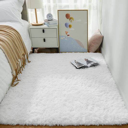 Ophanie White Area Rugs for Bedroom Fluffy, 4x6 Fuzzy Shag Plush Soft Shaggy Bedside Cream Rug, Ivory Living Room Carpet for Girls Kids Baby Teen Dorm Home Decor Aesthetic, Nursery